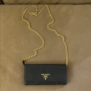 Prada Black Leather Wallet with Gold Chain